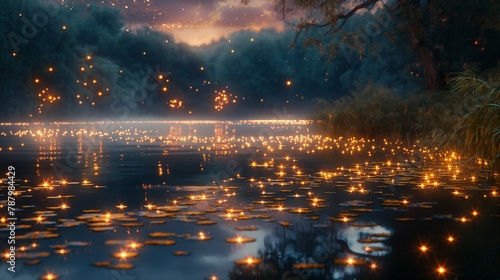 thousands of small lights in the lake at summer evening. 