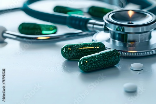 Stethoscope with four green antibiotic capsule pills on white table. Antimicrobial drug resistance and overuse. Medical equipment for doctor. Global healthcare. Antibiotic drug use with reasonable