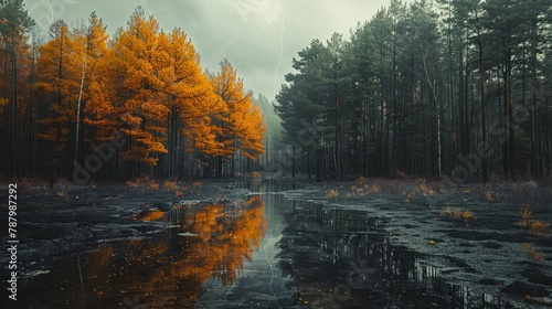 Autumn leaves bring life to one half of a forest, while the other half stands stripped of foliage, showcasing a clear division in one landscape.