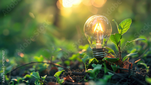 ecological fuel, energy concept Grassy Ground Illumination: A bright light bulb rests on lush green grass, radiating ideas and innovation