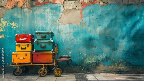 Tourists with a cart packed with big, colorful suitcases, ready to explore new destinations