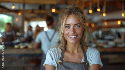 A beautiful smiling saleswoman looks at the camera. Corporate culture in retail and services