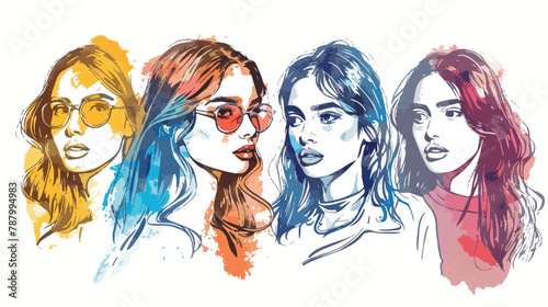 Set of four Hand drawn stylized beautiful ladies. Pret