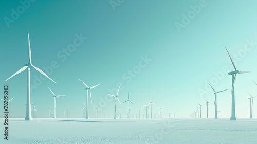 A field of wind turbines in the snow on blue background