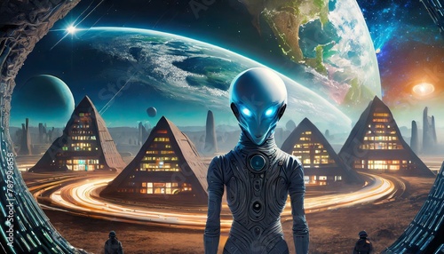 Alien persona with alien planet background and microwaves of light and future houses night, moon, sky, light, star, landscape, nature, fantasy, planet, dark, space, aurora, Allen's, earth 