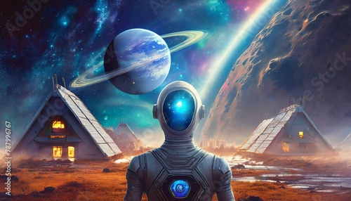 Alien persona with alien planet background and microwaves of light and future houses night, moon, sky, light, star, landscape, nature, fantasy, planet, dark, space, aurora, Allen's, earth 