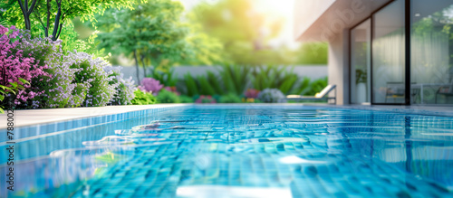 modern Home swimming pool on terrace and in vibrant garden banner concept background