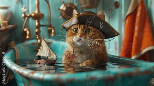 A cat with a pirate hat captains a tiny sailboat in a bathtub, pretending to navigate the high seas.