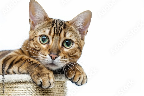 Bengal cat with scratching post on white background