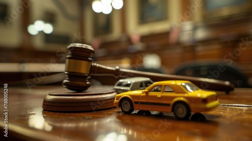 Two small car models on desk in courthouse. Concept of lawyer services, civil court trial, vehicle accident case study, and insurance coverage.