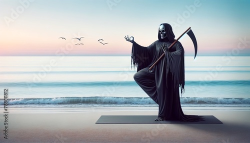 The Grim Reaper doing yoga on the beach at sunrise.