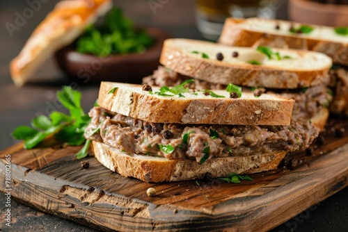 Chicken liver pate sandwiches on cutting board for breakfast