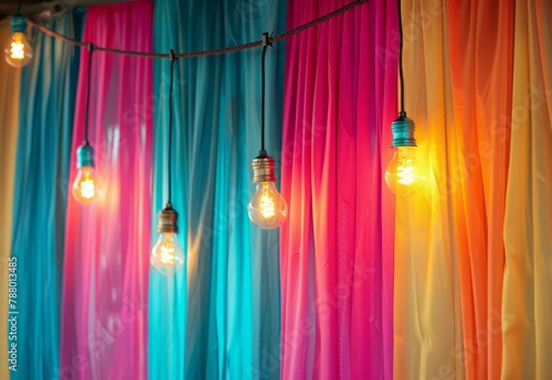Circus themed decor with colorful curtains and light bulbs