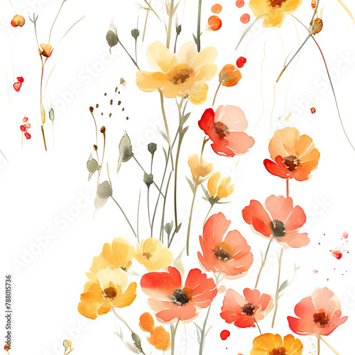 Watercolor coloured seamless pattern on white background. Field and park. Poppies. Flowers and leaves. Pastel colours. 