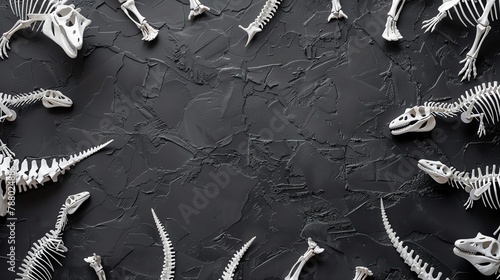 White dinosaur bones arranged on a black table, stark contrast, top view