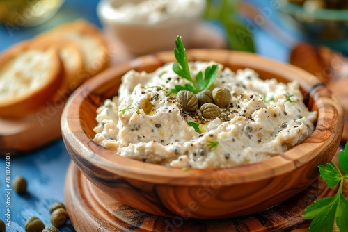 Fish pate with capers in a wooden dish on a blue background with focus on dish