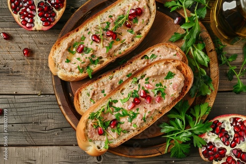 Duck liver pate on bread with chicken liver pate on toast Top view on wooden background with greens and pomegranate