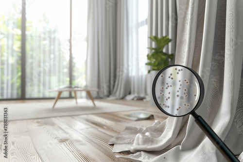 A black magnifying glass is used to look at a white curtain. The curtain has several mites on it, allergen concept in the home.