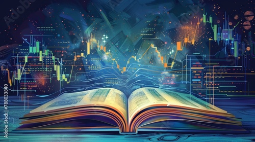 An open book with bright lights and a starry background.