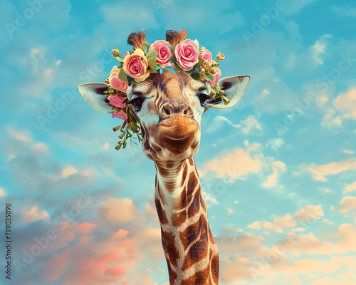 A playful chubby giraffe adorned with a garland of multicolored roses under a bright, contrasting sky