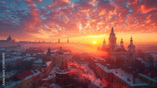 Breathtaking view of Lviv's old city at sunrise, featuring historic architecture under a vivid, colorful sky. This winter scene captures the city bathed in soft morning light.