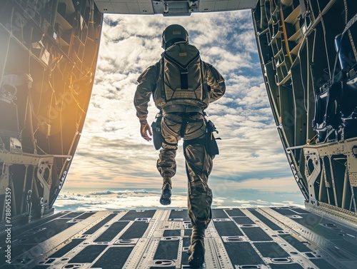 Aerial view of a flying paratrooper in a spacesuit against the sky.