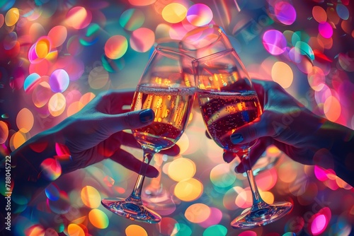 Friends clinking glasses in a toast, vibrant party background, closeup, capturing the spirit of social life 