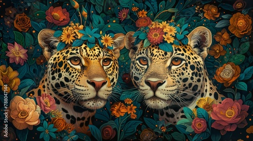 Two jaguars with flower crowns made of orange, yellow, white, and blue flowers. The jaguars are surrounded by a dark background with brightly colored flowers and leaves.