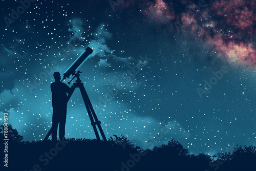 Astronomer's Silhouette: Silhouette of an astronomer observing the night sky with a telescope, tech style