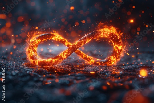A powerful image depicting an infinity symbol ablaze with fire against a backdrop of a starry night sky