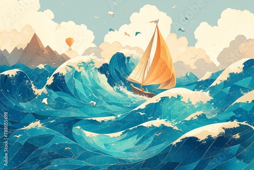 Paper art in the style of an orange hot air balloon floating over blue ocean waves with brown mountains in the background.