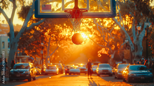 A basketball is suspended in the air above a basketball hoop
