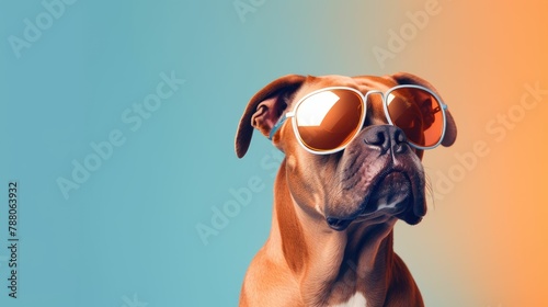  Bull Terrier dog puppy in sunglass shade glasses isolated on solid pastel background, advertisement, surreal surrealism