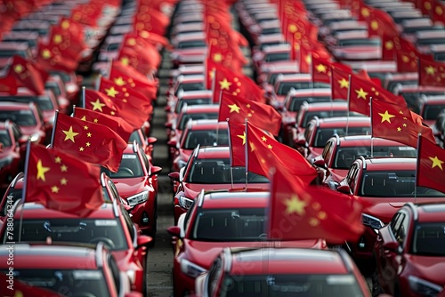 Numerous rows of bright red cars with Chinese flags attached, showcasing Chinas significant presence in the automotive industry. Generative AI