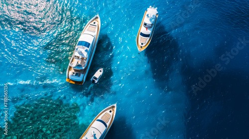 Yachts at the sea surface. Aerial view of luxury floating boat on blue Adriatic sea at sunny day