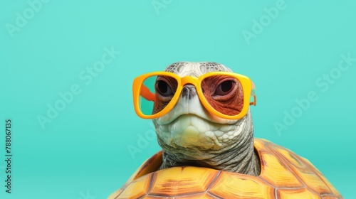 Turtle tortoise in sunglass shade glasses isolated on solid pastel background, advertisement, surreal surrealism