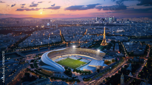 view over the city Paris and football stadium on the Eiffel Tower background, France.