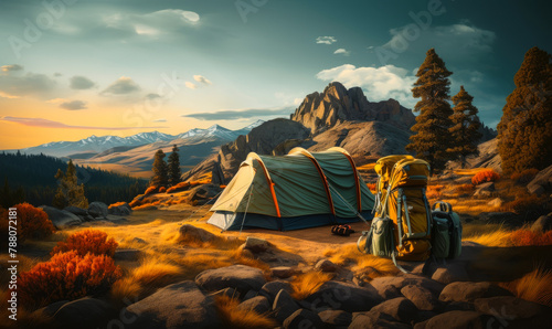 Camping Gear Essentials: Hiking Backpack, Tent, Outdoor Equipment for Mountain & Forest Adventure Trip, Campfire, Wild Nature Landscape