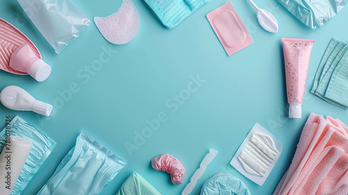  Menstruation female period, feminine menstrual care illustration, world menstrual hygiene day 28 may , space for text , tampon, pads, menstrual cup