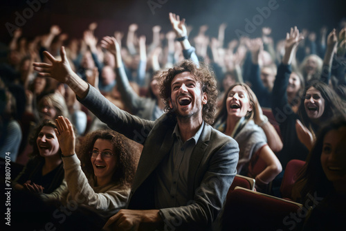 Excited people cheering in a lecture hall. AI generative