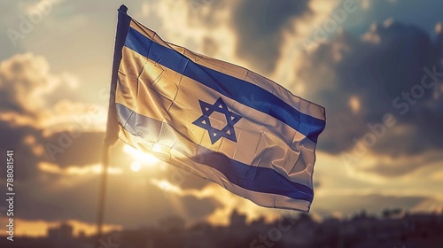 Solemn Israel flag fluttering at dusk with soft focus background. Yom HaZikaron, Israeli Independence Day, Memorial Day for Fallen Soldiers and Victims of Terrorism. AI Generated