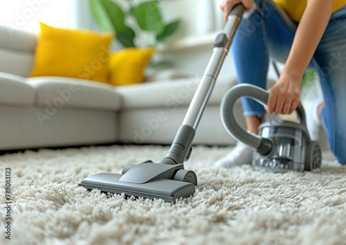 Woman cleaning with vacuum cleaner carpet in the living room at home.