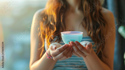 girl holding menstrual cup, Copy Space, World Menstrual Hygiene Day On May, 28. 