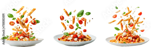 floated Pasta penne with roasted tomato, sauce, mozzarella cheese falling into a plate isolate on transparency background PNG