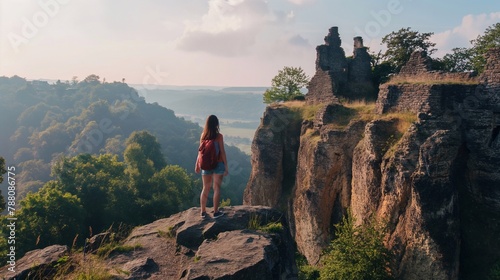 a girl stands on the edge of a mountain cliff and looks at the destroyed old buildings during her hiking. woman loves active recreation and sports on vacation