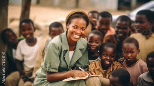 Black smiling woman teaching African happy children outdoors.