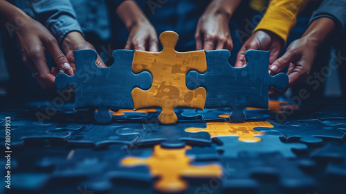 A compelling close-up image capturing the decisive moment as hands of diverse individuals place the final piece into a puzzle, symbolizing teamwork and collective success.