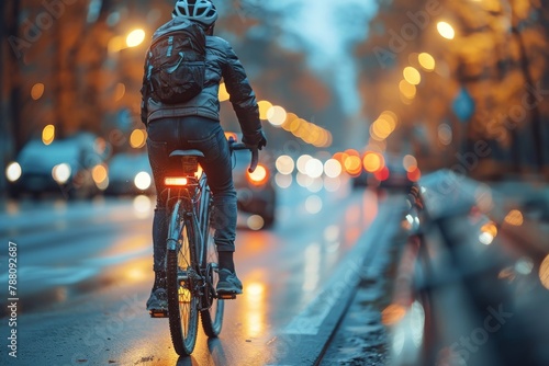 An urban cyclist rides along a wet city street with blurred car lights and twilight ambiance, depicting everyday commuting