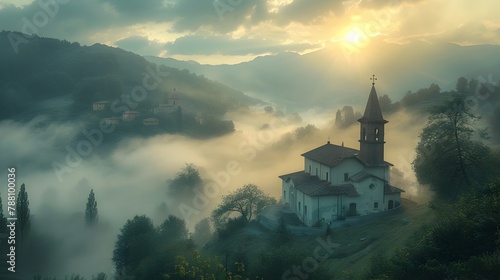 Misty Alpine Village with Charming Church Spire Emerges from Ethereal Fog in Stunning Italian Landscape