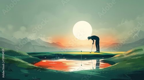 An illustration of a man playing golf on the green, putting his ball into the hole, flat design with soft colors. Generative AI.